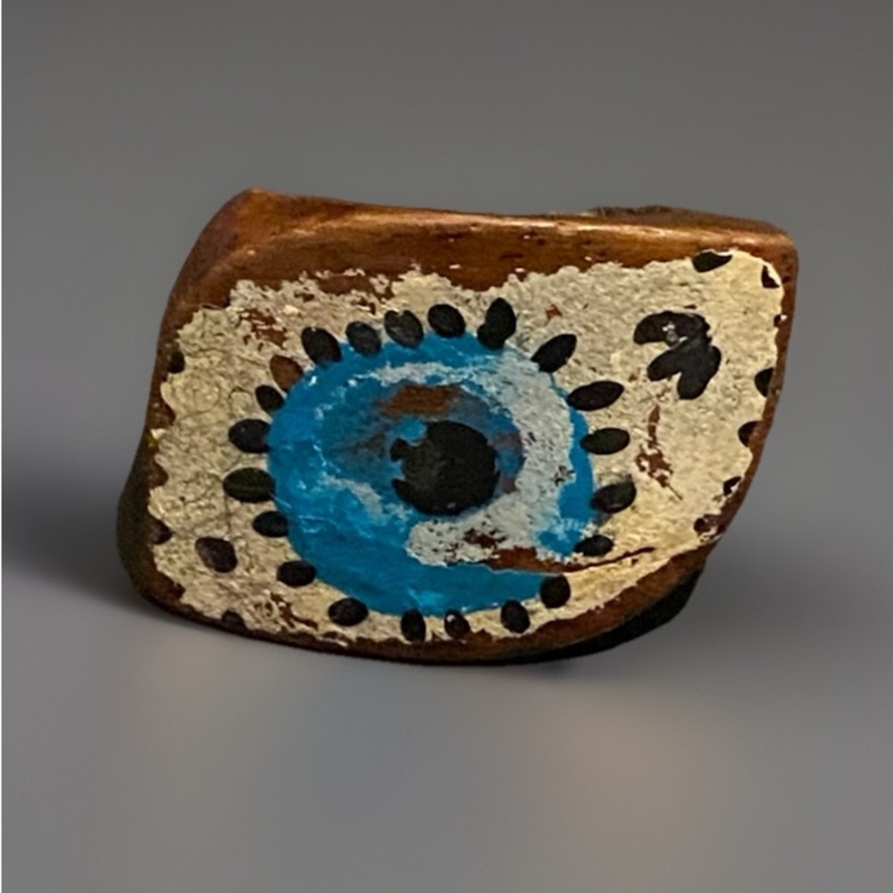 Wooden Ring-Evil Eye Design-Hand Painted-Wide Band-Color: Blue & White